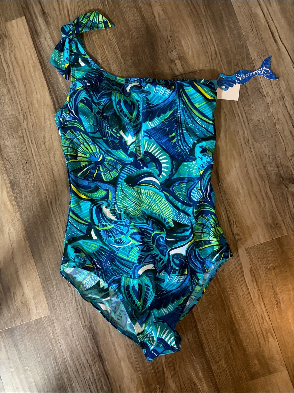 Women’s One-Shoulder Blue Tropical Print Swimsuit Skinnydippers Brand Size L